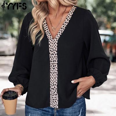 Women's Fashion Casual Spring Autumn Leopard Print Long Sleeve V-Neck Blouses & Shirts