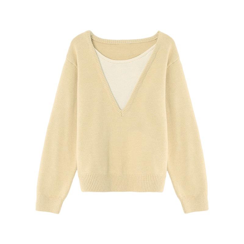 Autumn and winter new top yellow fake two-piece knitted sweater slim-fitting long-sleeved sweater women's high-end women's clothing