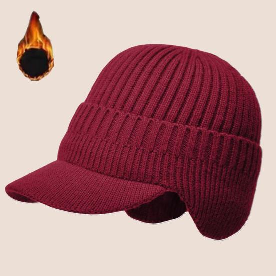 Men Knitted Hat Extended Brim Ear Protection Solid Color Knitting Hat Thickened Plush Lining Winter Warm Hat