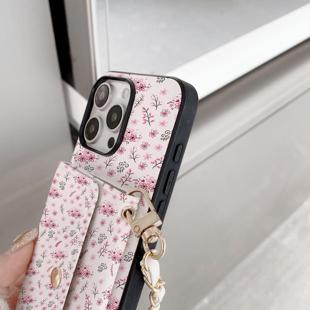 Vintage Floral Lanyard Wallet Case Mobile Phone Case for iPhone 17Air 16e 11 12 13 14Plus 15Pro MaxPU Leather Full Coverage