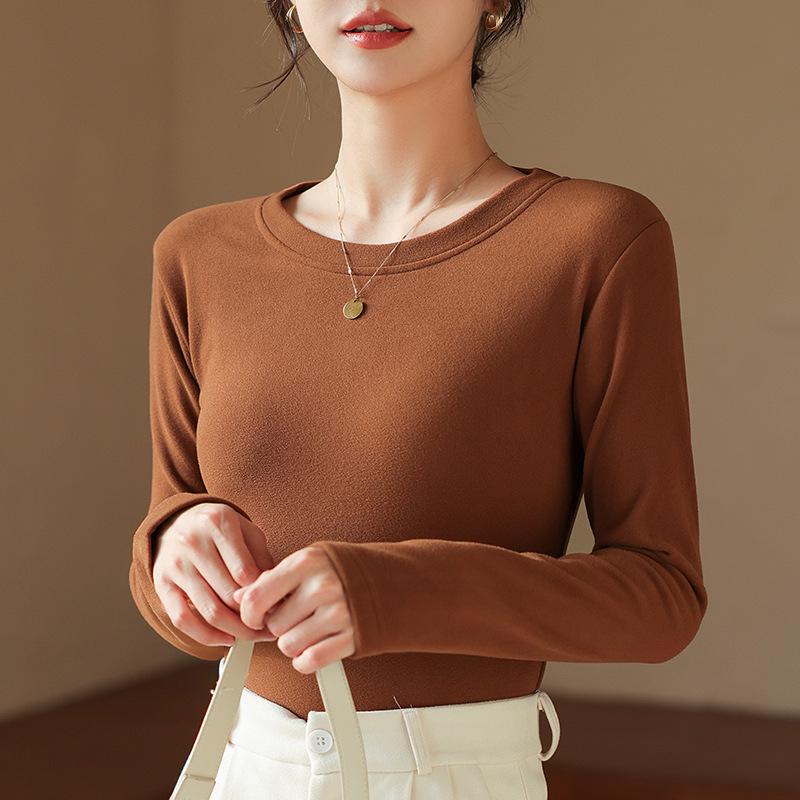 Damen Slim Fit Rippstrick Langarmtop - Fleecegefütterter Rundhalsausschnitt für Herbst/Winter 2024