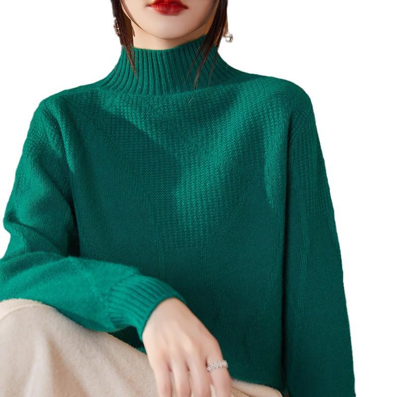 Women's Autumn/Winter Wool Pullover Sweater - Half-High Collar, Irregular Lines, Casual, Thickened Base Layer