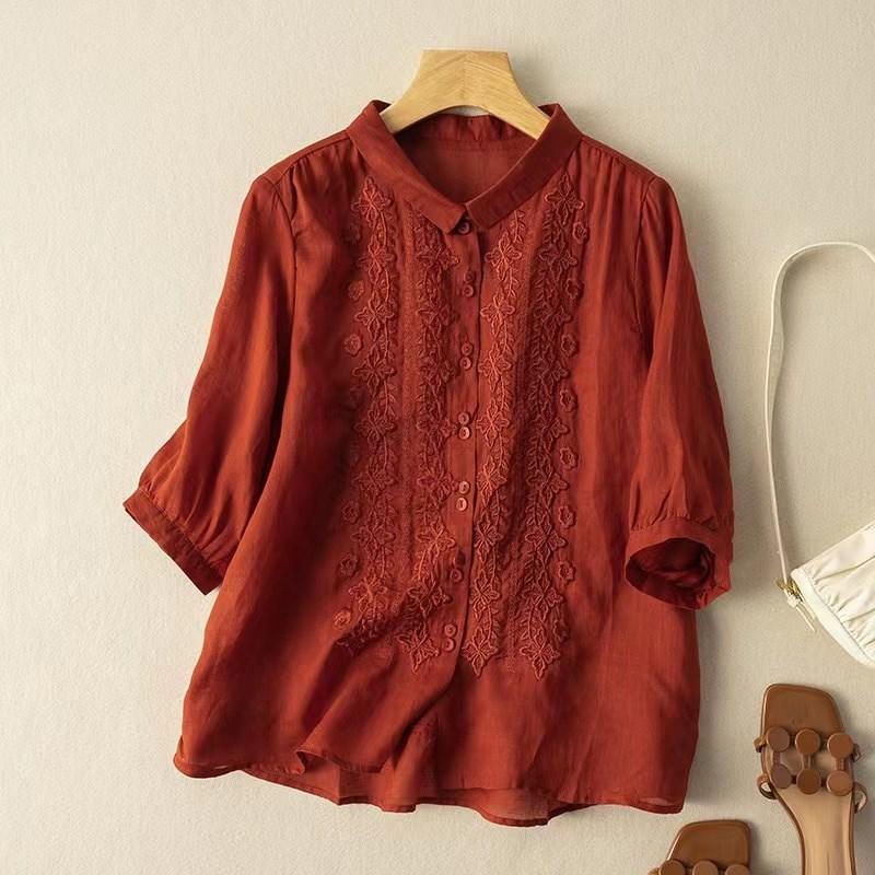 Seven Quarter Sleeve Embroidered Cotton Linen Shirt Women's Artistic Retro Design Sense Top for Spring Summer Shirt