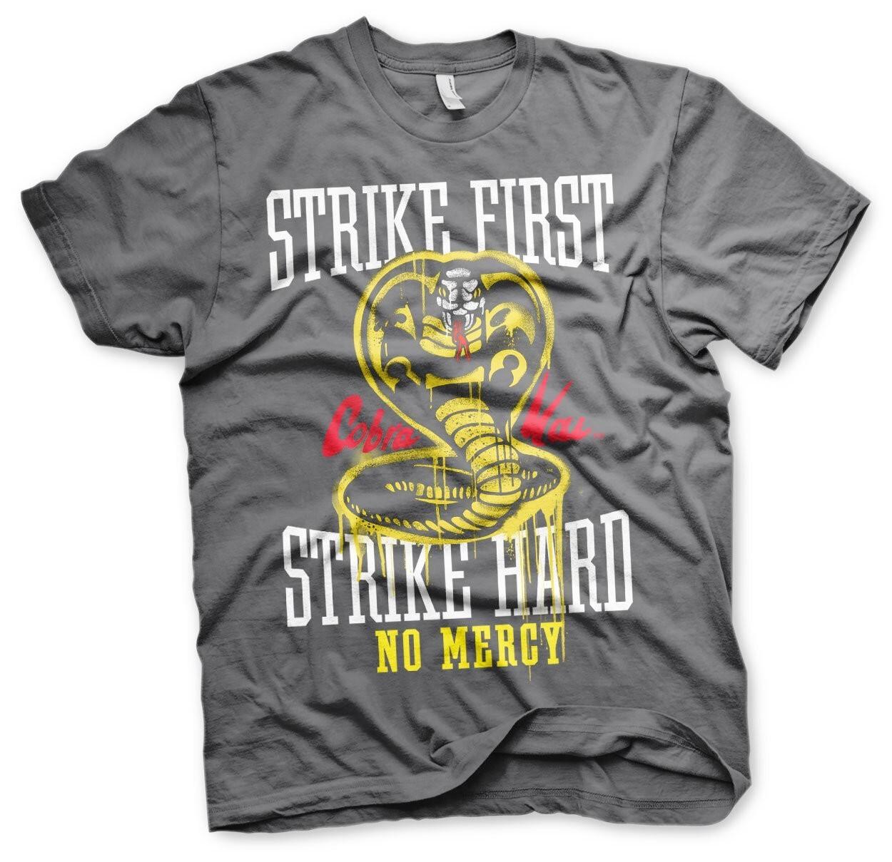Licensed Cobra Kai Strike First strike Hard No Mercy Mens T-Shirt XXL