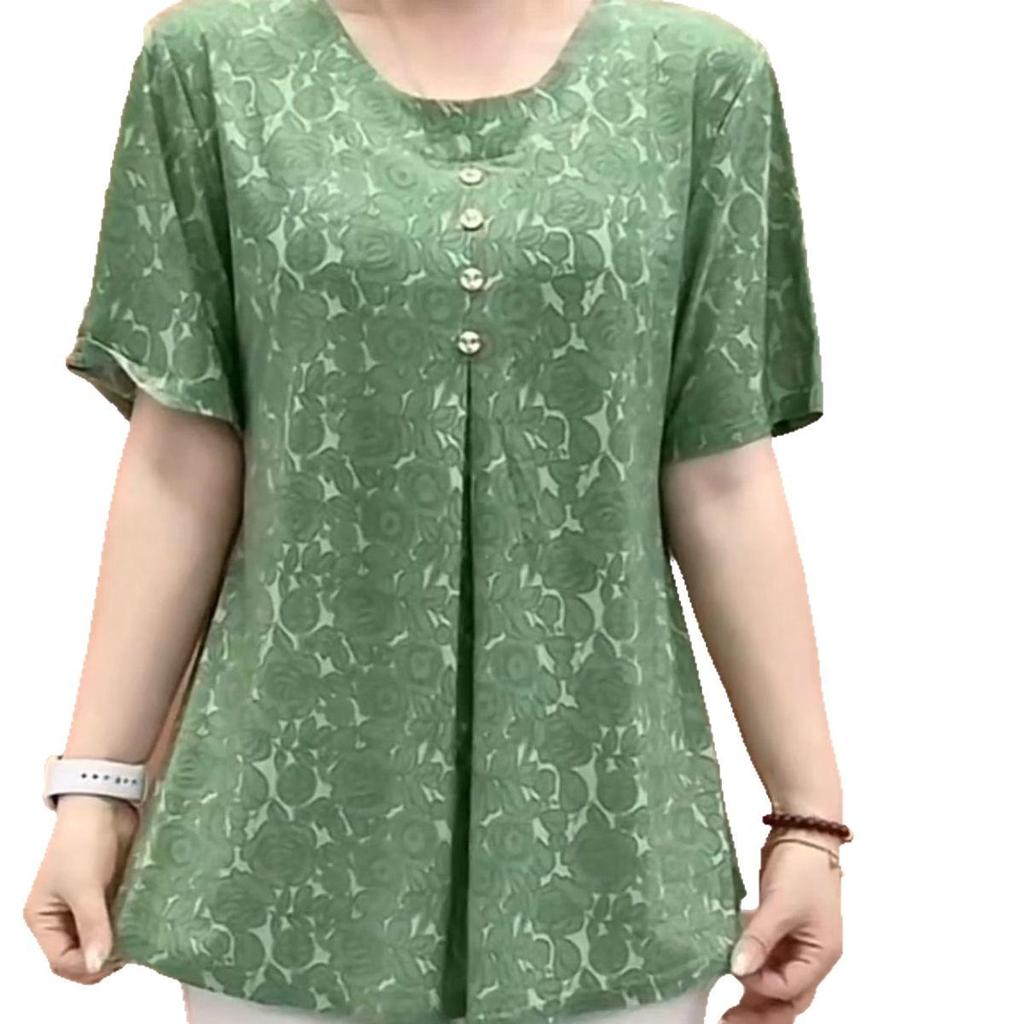 Stylowy żakardowy T-shirt z okrągłym dekoltem i rękawem 3/4 dla puszystych matek w średnim wieku i starszych