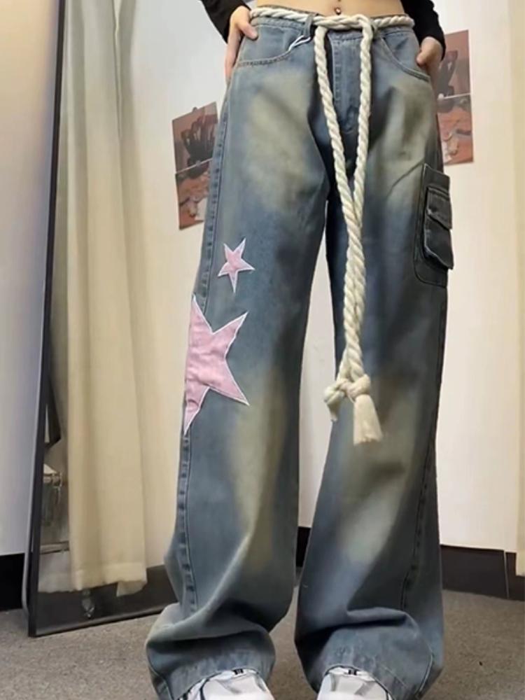 Vintage Harajuku Oversize Baggy Star Print Jeans Women High Waist  2000s Y2k Denim Trouser Female 90s Aesthetic Retro Wide Leg Pants 2024 New