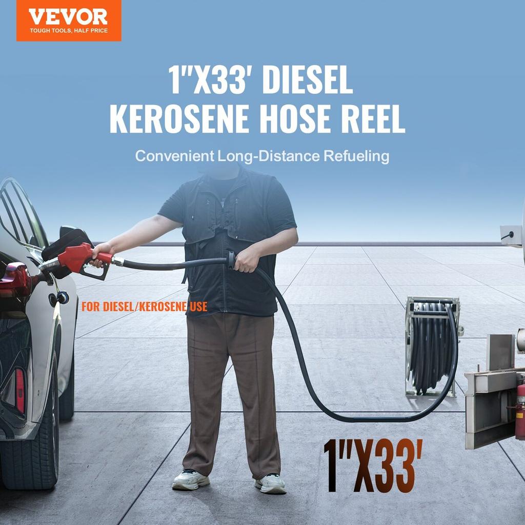 Fuel Hose Reel, 1" X 33', Extra Long Retractable Diesel Hose Reel, Heavy-Duty Carbon Steel Construction with Automatic Fuel Nozzle, NBR Rubber Hose