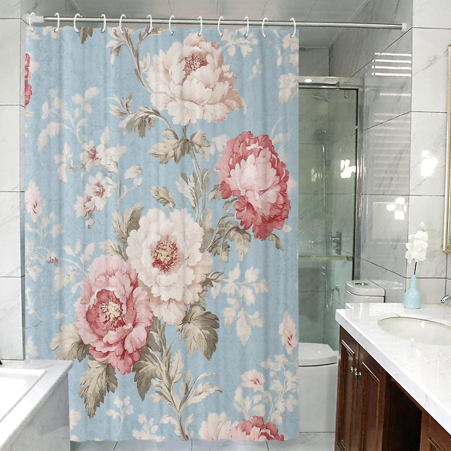 

Flower Theme Shower Curtain 12 Hooks Suitable for Room Home Hotel Machine Washable Curtains Bathroom One Piece 90X180cm
