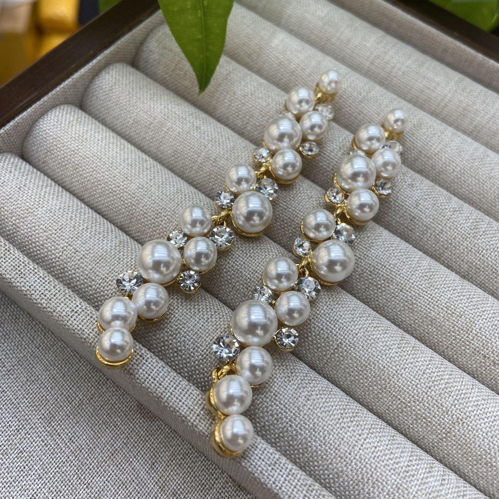 Diamond-Encrusted Long Pearl Full-Diamond Shoulder Earrings Fashion Crystal