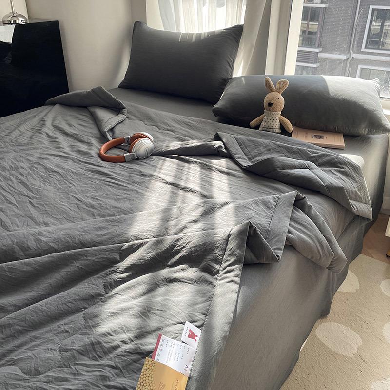 Lightweight Soybean Fiber Summer Quilt Set - Breathable Washed Cotton Comforter for Air Conditioner, Machine Washable Solid Color Bedding