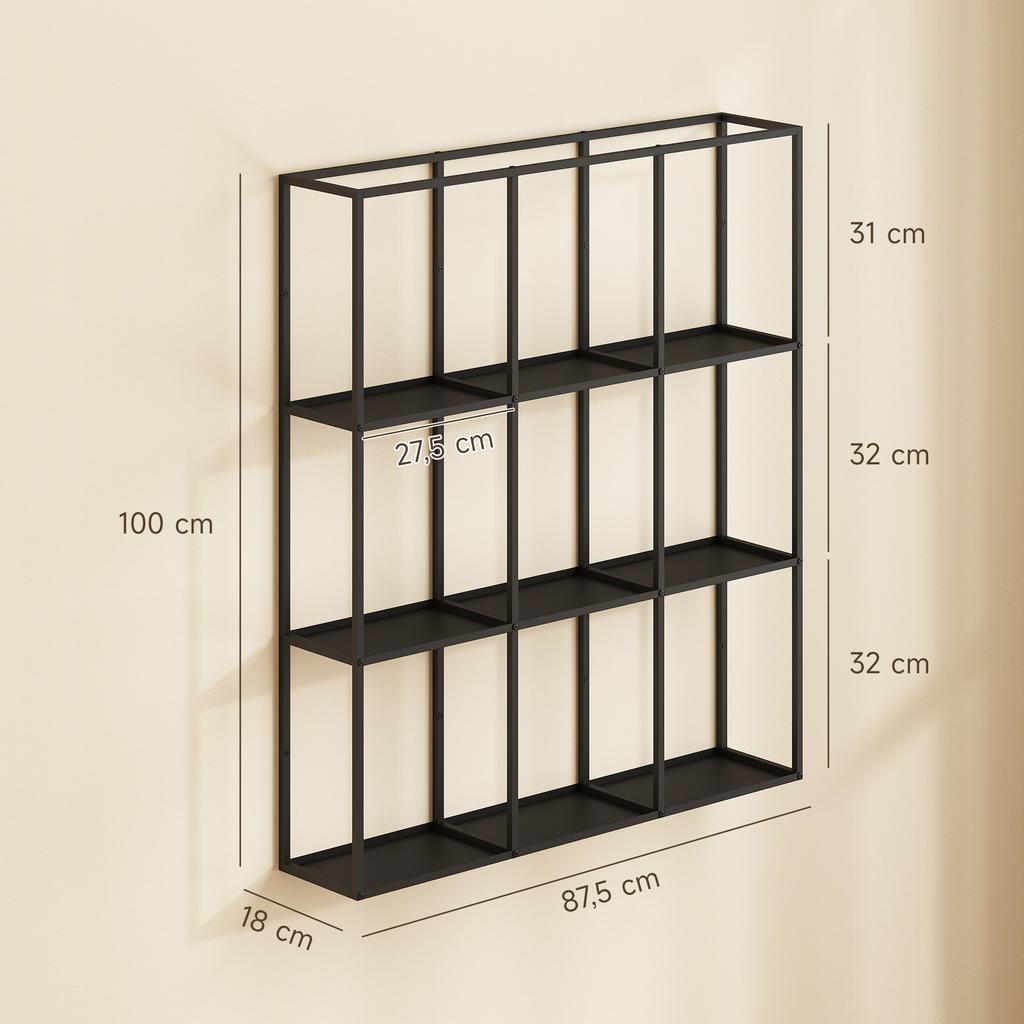 Scaffale da Parete Industriale con 9 Scomparti, Scaffale in Metallo per Collezionismo, Ideale per Arredamento Casa, Nero