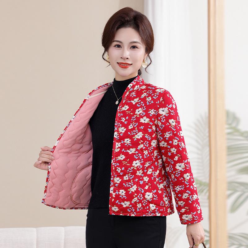Floral Plus-Size Women's Cotton Jacket with Velvet Lining - Warm and Loose for Autumn/Winter