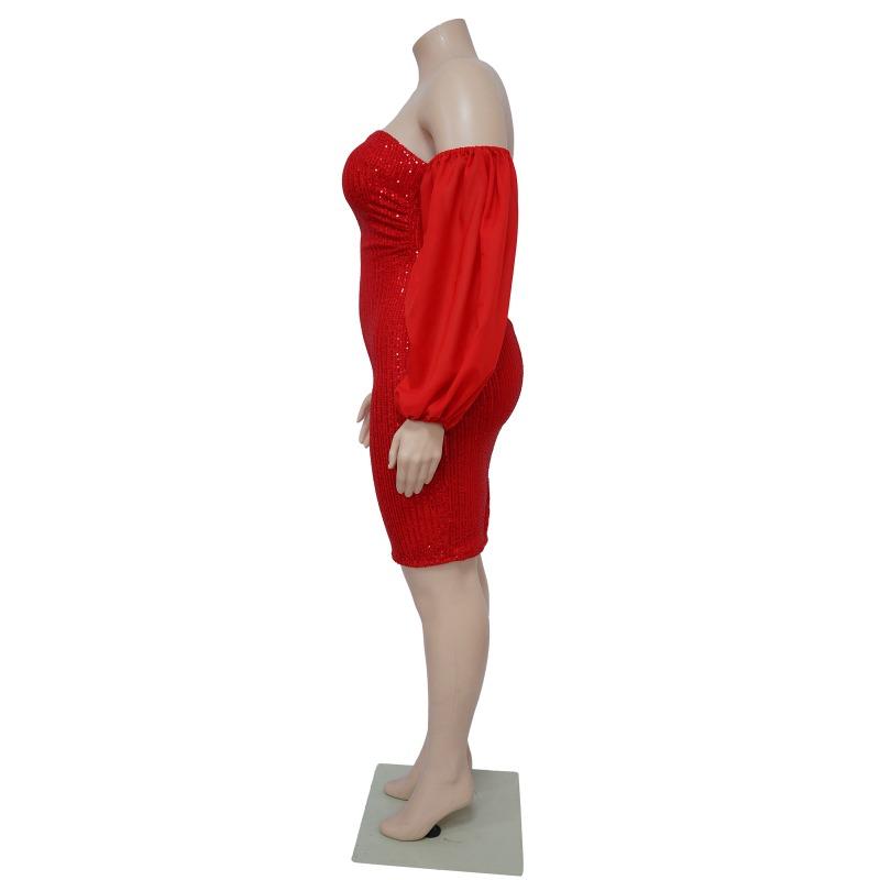 Vestido Midi Bodycon Preto com Lantejoulas, Ombro a Ombro e Manga Bufante, Tamanho Grande