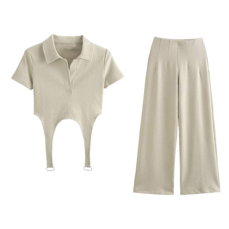 Fashion Style 2024 Autumn New Women's Double-Sided Cloth Polo Shirt Lapel Waist Leakage Short Sleeve Tops 3641833