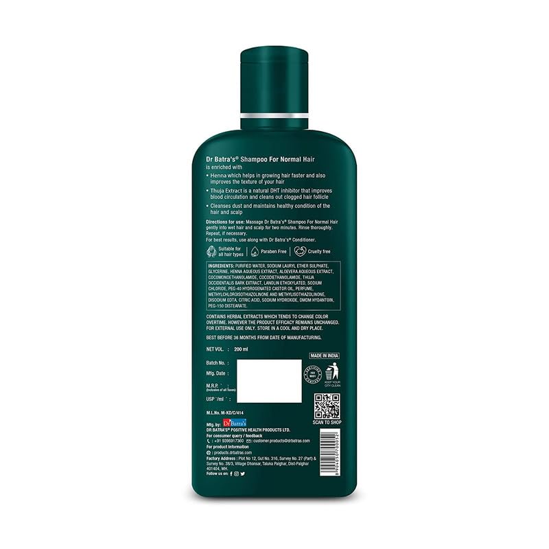 Dr Batra's Henna & Thuja Strengthening Shampoo for All Hair Types 200ml  X Pack of 2, Gentle Nourishing Hair Care