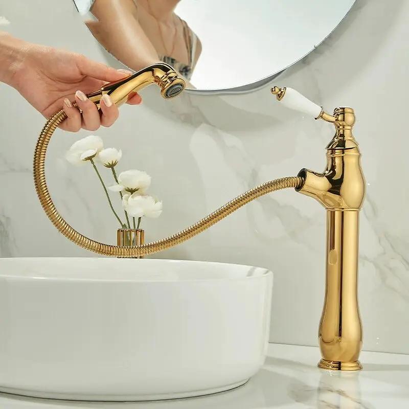 Gold Bathroom Ceramic handle Basin Faucets Pull Out Mixers Sink Faucet Washbasin Taps Water Tap Tapware Crane Brass Material