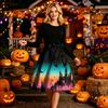 Women Crew Neck Halloween Print Dress Long Sleeve Casual Style A Line Midi Dress with Belt and Pattern Skirt