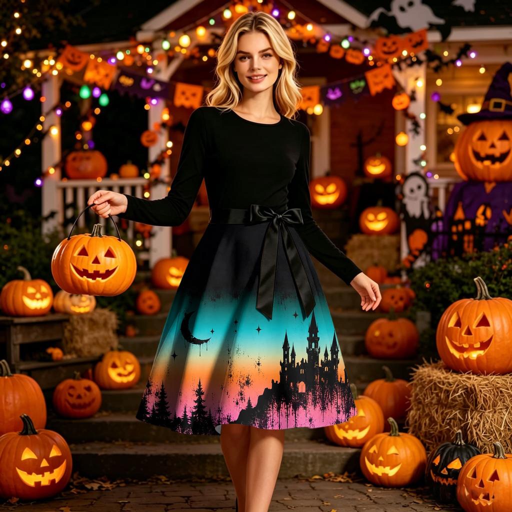 Women Crew Neck Halloween Print Dress Long Sleeve Casual Style A Line Midi Dress with Belt and Pattern Skirt