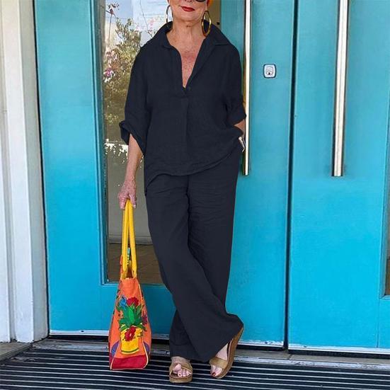 2Pcs/Set Classic 3/4 Sleeve Anti-pilling Casual Outfit Women Shirt Top Loose Long Pants Set Daily Garment