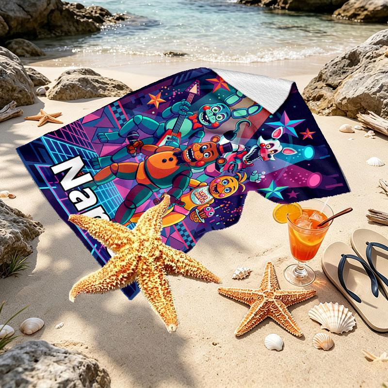 Personlig tilpasset strandhåndkle med navn, Five Nights at Freddy's-trykk, for reise, camping, strandfest, hjemmedekor, bursdagsgave til familie og venner