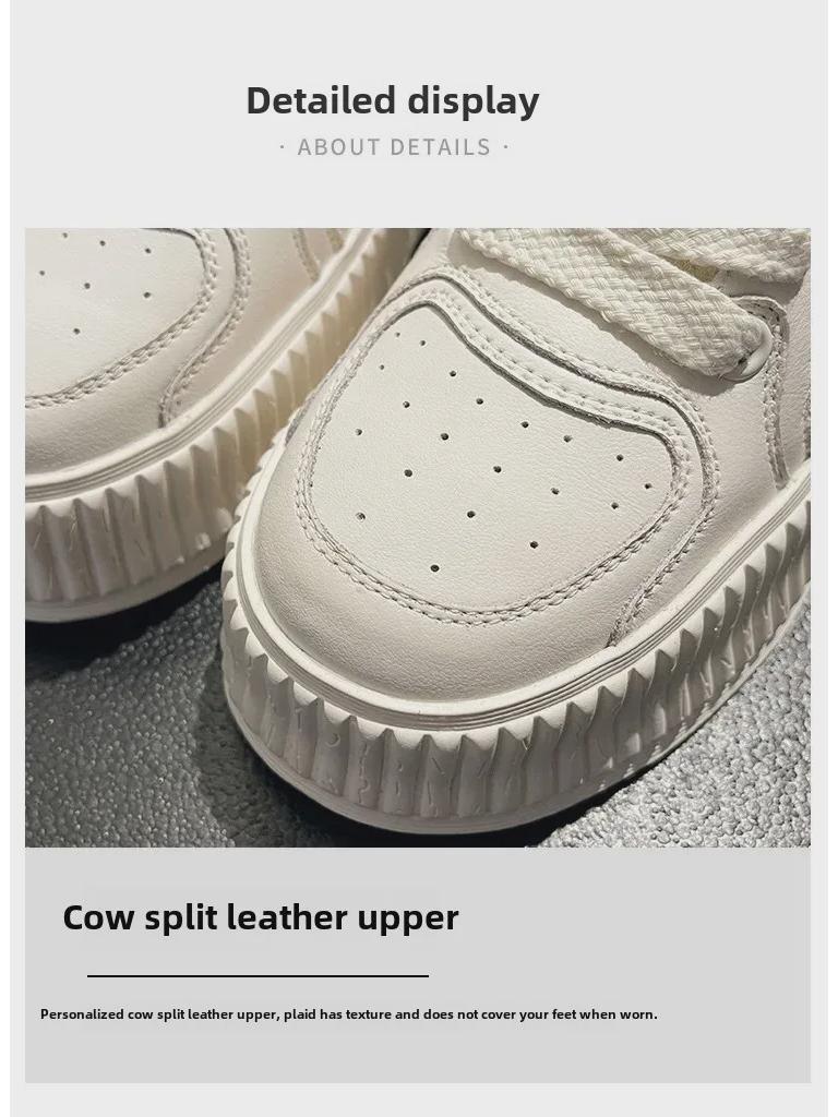 Women's 2023 Spring Genuine Leather Thick-Soled White Height-Boost Biscuit Sneakers