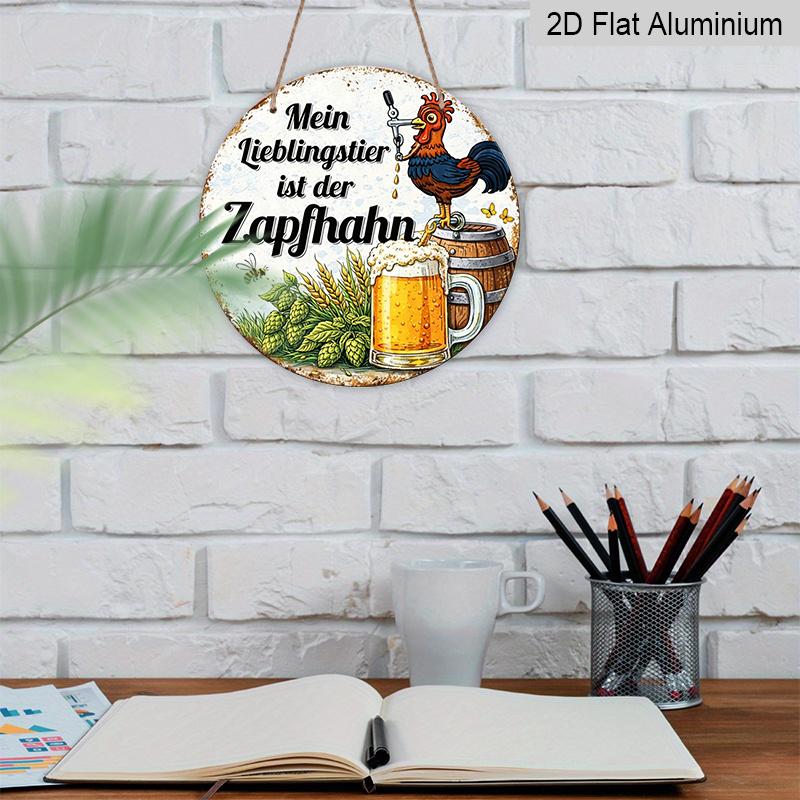 Płaski 2D, 1 szt. Okrągły Aluminiowy Niemiecki Znak "Moim ulubionym zwierzęciem jest kran", Zabawny Kogut i Kran Piwny Metalowa Sztuka Ścienna, Vintage Rustykalny Wystrój Baru