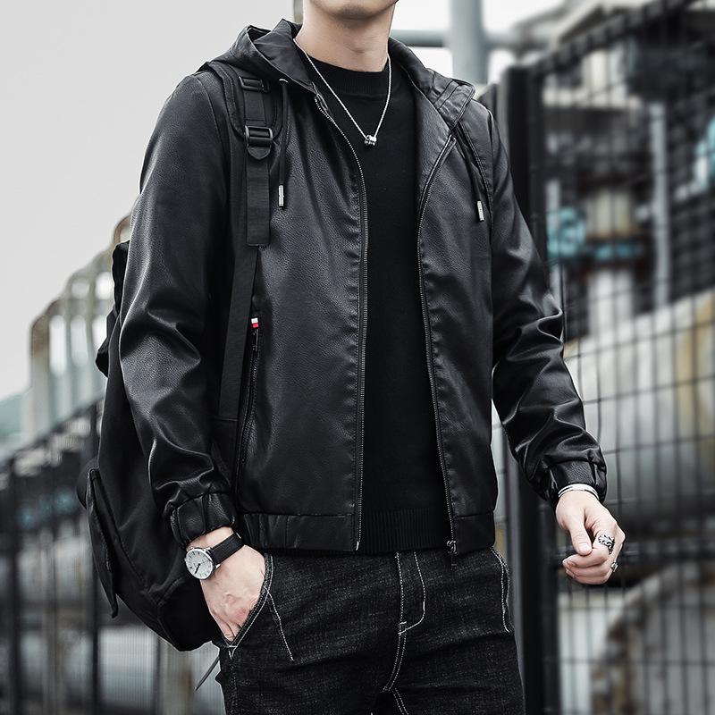 Hooded Leather Men's New Autumn and Winter Korean Version of Thin Velvet Leather Jacket Trend Casual Motorcycle Wear Cargo Coat