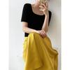 LUXI 2024 Summer Women's Short Sleeve Square Neck Slim Fit T-shirt - Solid Color, High Waist, Exposed Collarbone Style