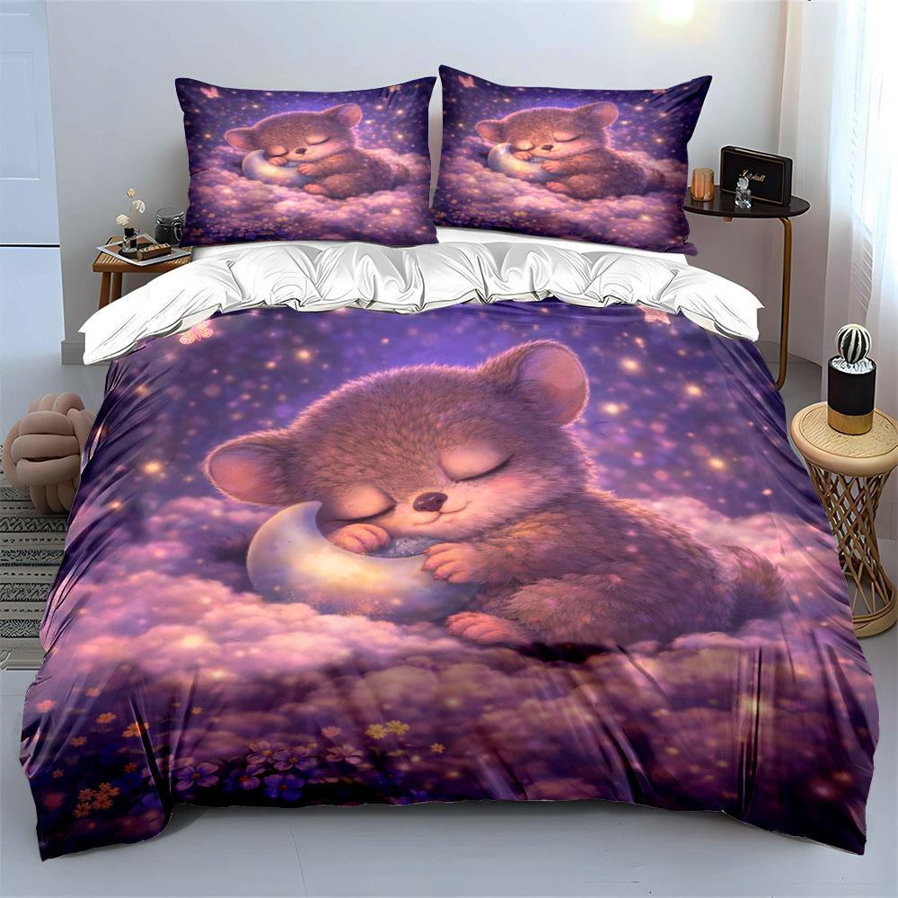Adorable Bear In Dreamy Clouds Print Bedding Set 1 Duvet Cover 2 Pillowcases for Adult and Children Luxury Gift Full Size