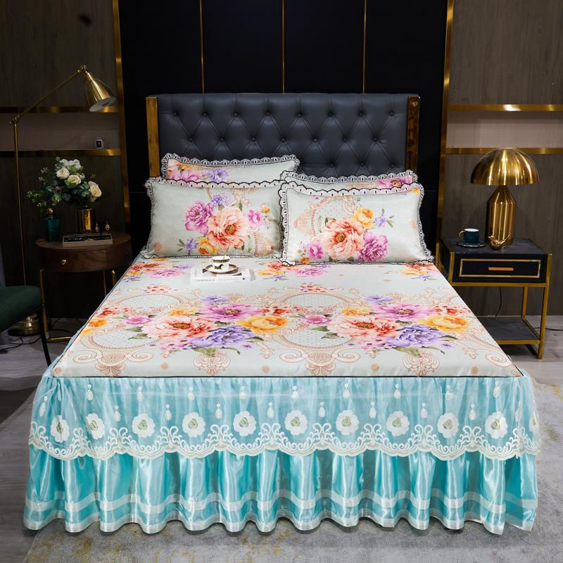 Blondertilpasset laken Luksus sengetøysett Romantisk ismatte sammenleggbare broderte laken Lin Sengetøy Queen Sengeteppe med skjørt