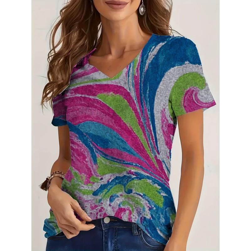 Womens V-Neck Loose Fit Short Sleeve T-Shirt With Floral Print Casual Top