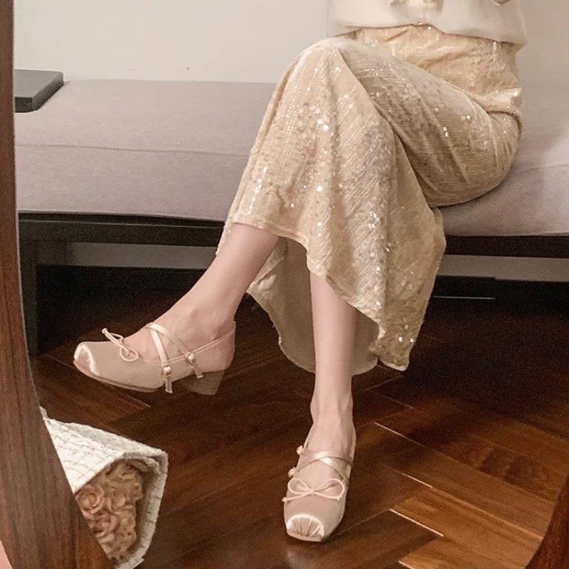 Fashion 2025All-match Mary Jane Women's Shoes Summer Evening Evening Wind Bow Strap Block Heel Shoes
