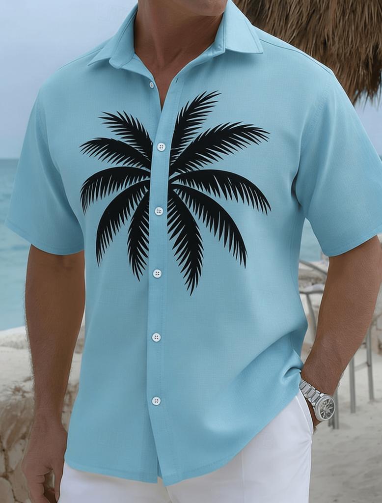 Men's Light Blue Ethnic Geometric Print Short Sleeve Shirt, Spring Summer Fresh Vacation Casual Top, Pocket Lapel Style