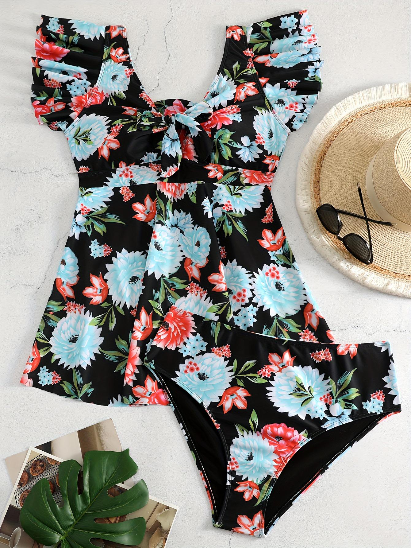 

2025 Stylish European & American Women s Swimwear: Printed Ruffle Split Swimsuit XL квітковий