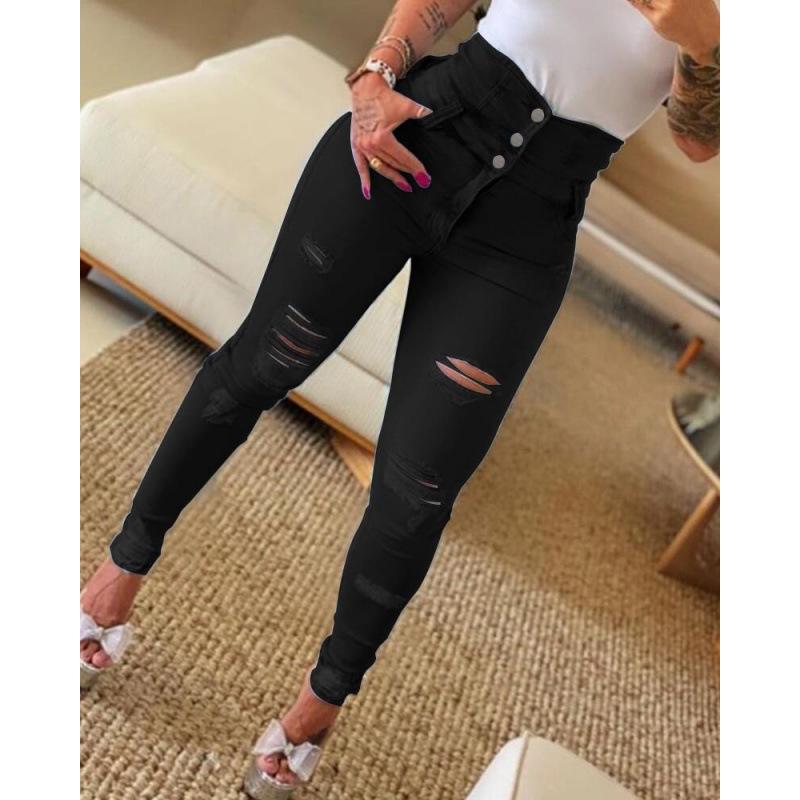 2022 Slim High-Waist Ripped Skinny Jeans