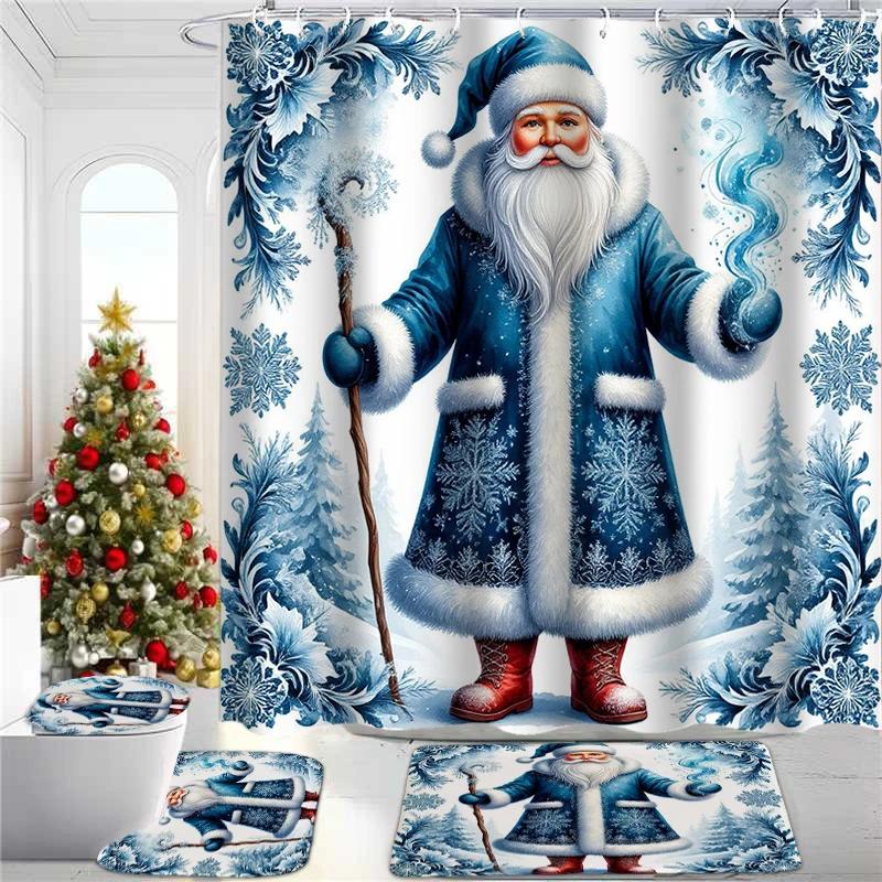 Christmas Santa Claus Pattern Shower Curtain Bath Sets Waterproof Non-Slip Bathroom Rug Toilet U  With 12 Hooks Home Deco