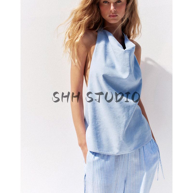 Summer New Product Women's Clothes Linen Blend Hanging by Ornament Bows Collar Open Back Tops 6929161