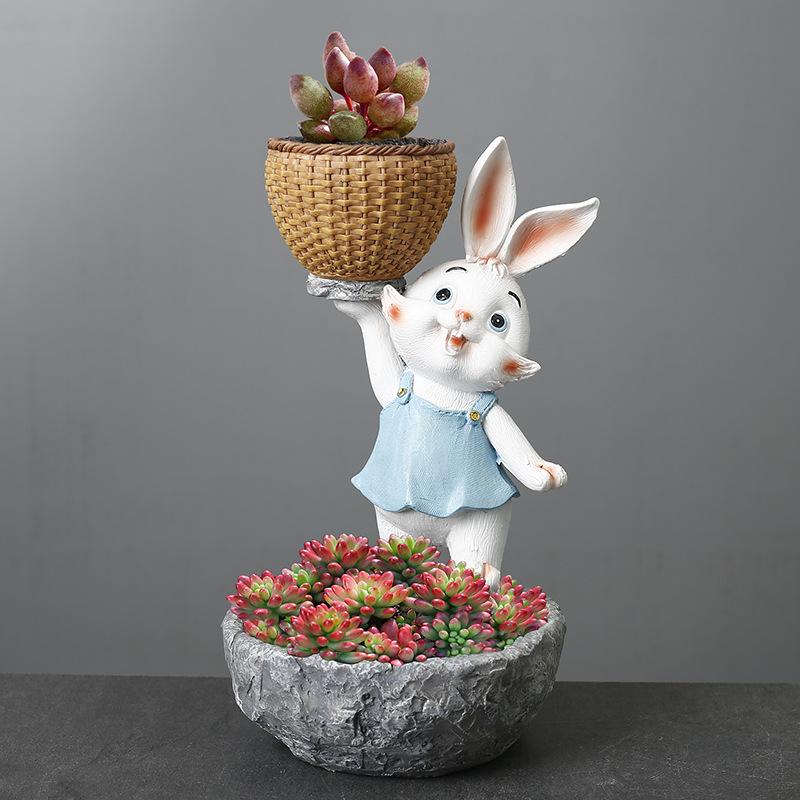 Resin Cartoon Animal Simulation Rabbit Succulent Green Plant Flower Pot Ornament Courtyard Outdoor Garden Ornament