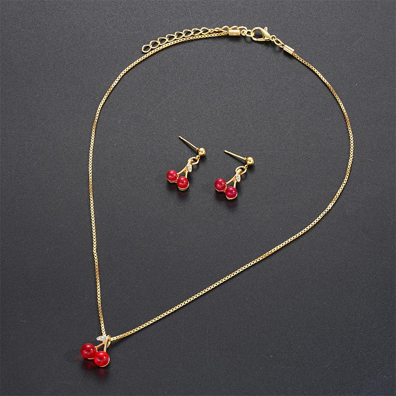 Red Cherry Pendant Necklace Stud Earrings Set Women'S  Fruit Necklace Earrings Jewery Set For Party Wedding Girls Gifts