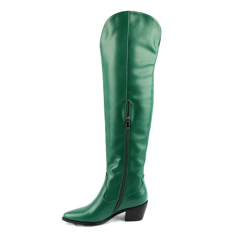 Mode Klassische Western Cowboy Stiefel für Damen Kniehohe Stiefel Bestickt Spitz Zehenbereich Klobiger Absatz Schuhe Frau Wintermode Grüner Stiefel