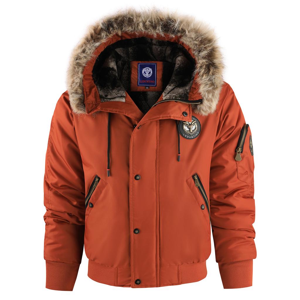 Men's Winter Black Aviator Jacket with Detachable Faux Fur Trimmed Hooded Cold Fashion Embroidered Badge and Zipper Pockets