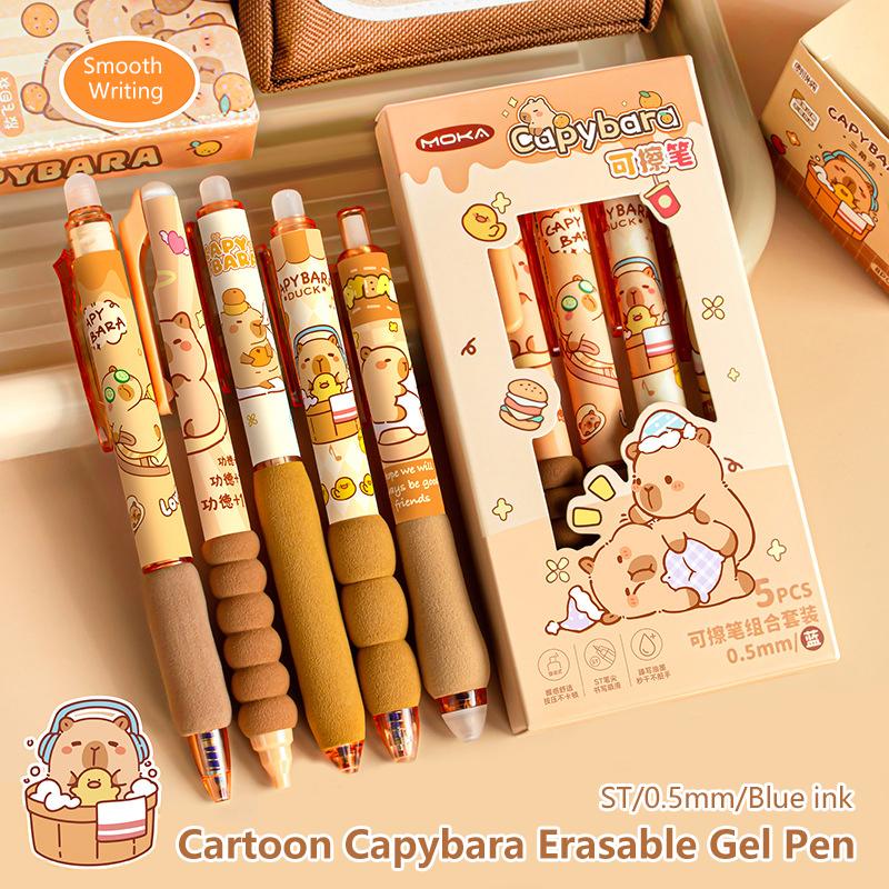 5Pcs Cute Cartoon Capybara Erasable Pen  Writing Smooth Quick-Drying Gel Pen Replacement Pen Core Office Supplies Gifts