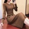 Pull d'automne pour femmes Robe slim couleur unie Élégantes robes tricotées mi-longues