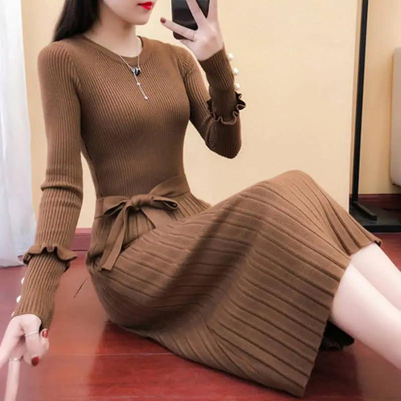 Pull d'automne pour femmes Robe slim couleur unie Élégantes robes tricotées mi-longues
