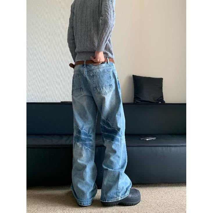 Autumn And Winter New American High Street Washed Light Colored Jeans For Men And Women Straight Leg Slightly Flared Loose Wide Leg Pants