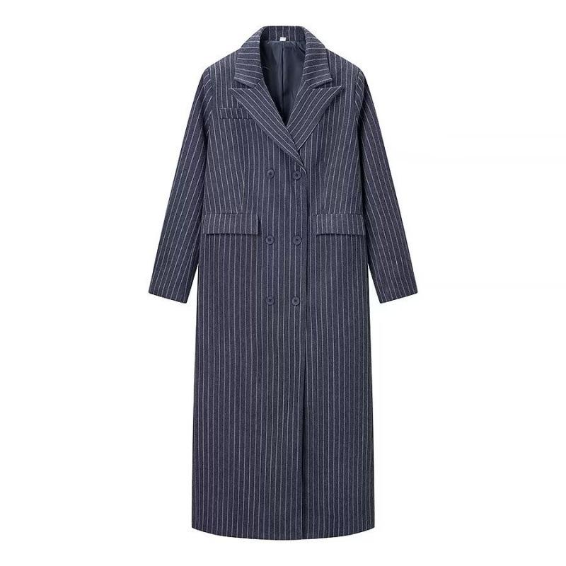 2025 Winter European & American Style Striped Wool Long Coat Medium