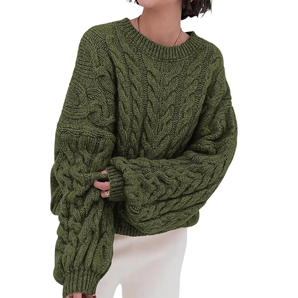 Women's Solid Color Thick Needle Big Dough Twists Loose Pullover Round Neck Long Sleeve Sweater