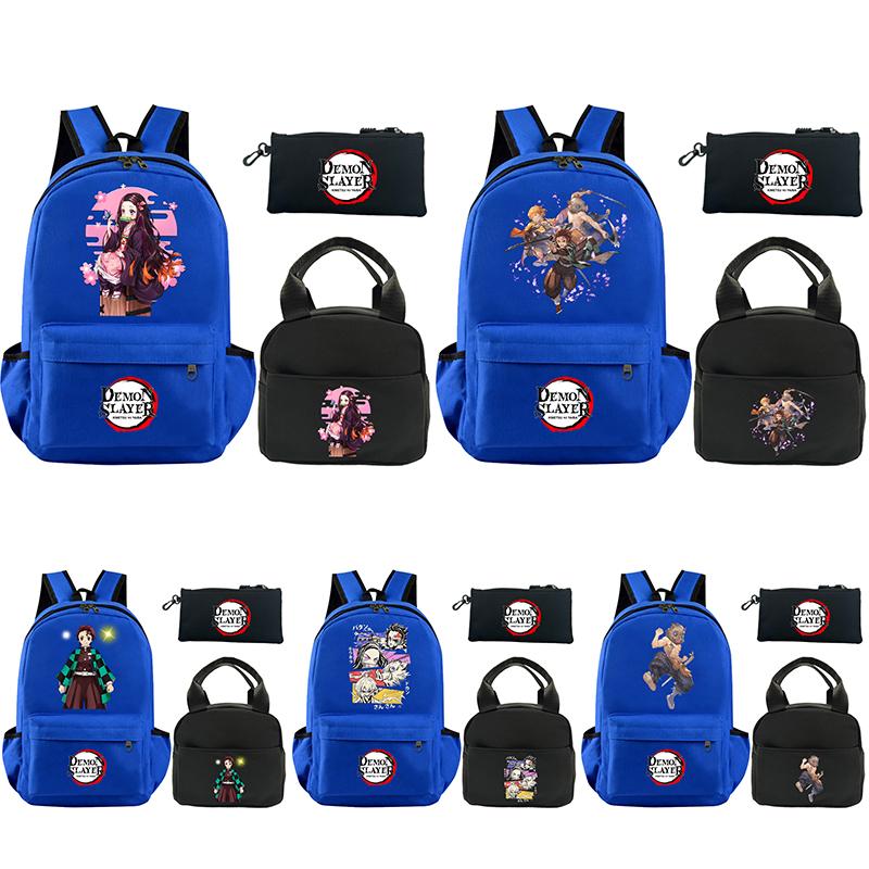 3 st/set Tecknad Demon Slayer Tryckt Ryggsäck med Axelväska Pennfodral för Tonåring Student Stor Kapacitet Vattentät Skolväska Mochila