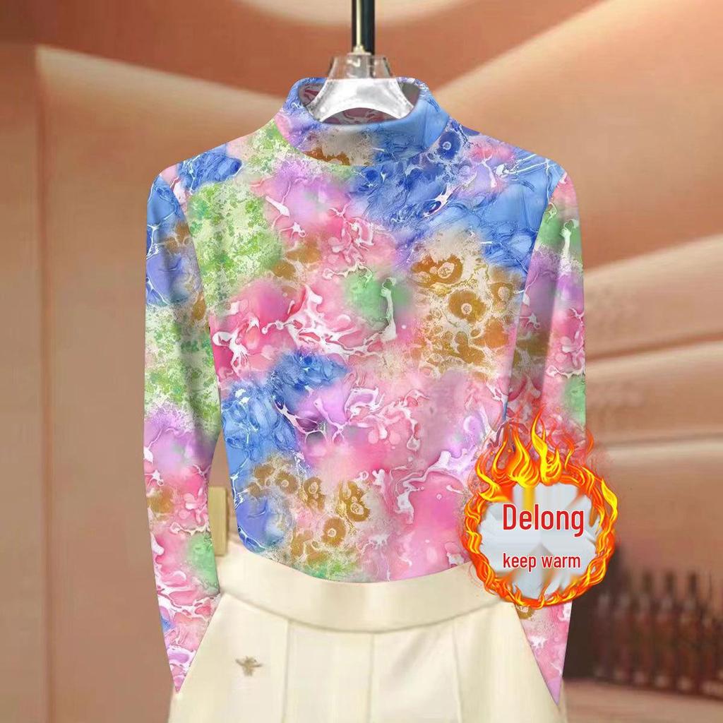 Women's Tie-Dye Ribbed Fleece Half-High Neck Top - Long Sleeve, Warm and Slimming for Autumn and Winter