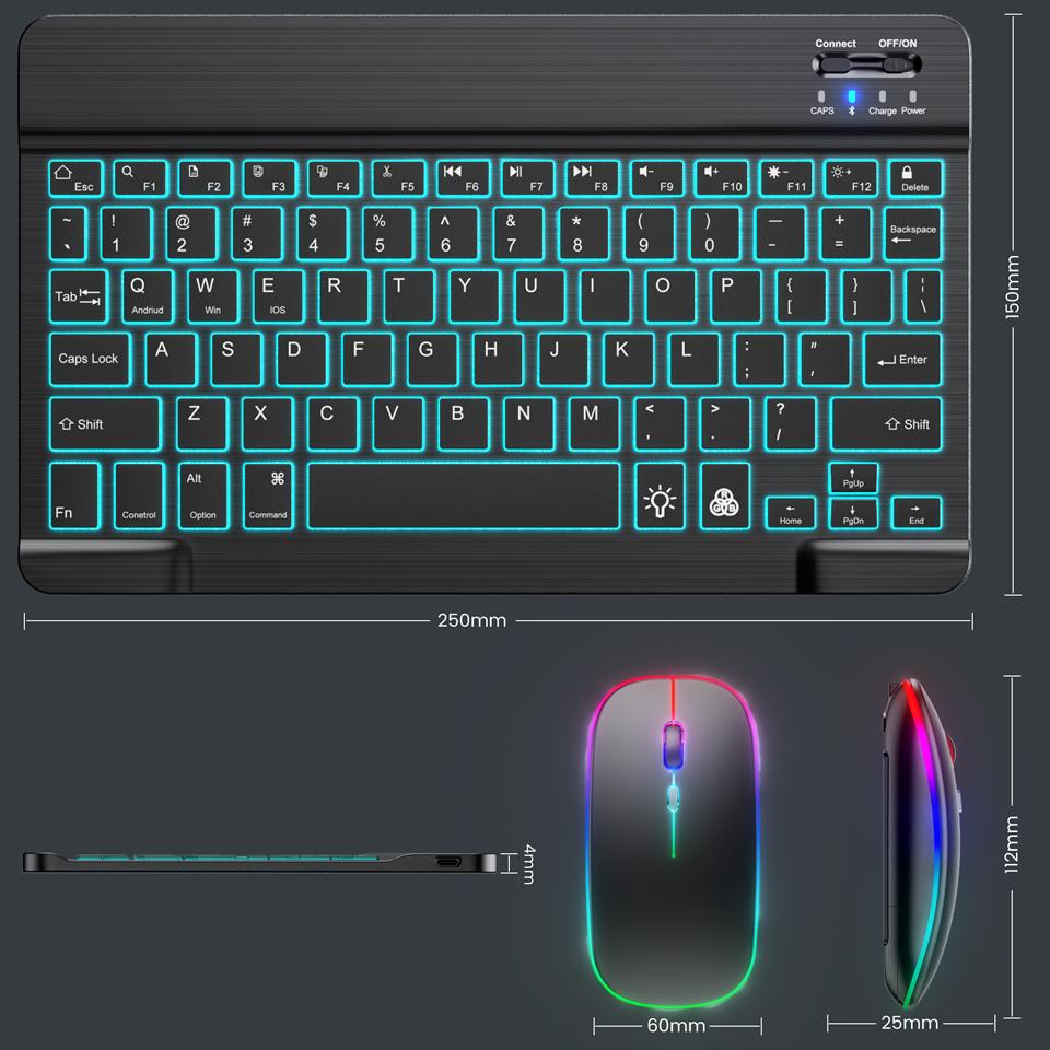 10inch RGB Backlit Rechargeable  Bluetooth Keyboard Mouse Wireless Keyboard Bluetooth Mini Keyboard for Spanish Russian Keyboard